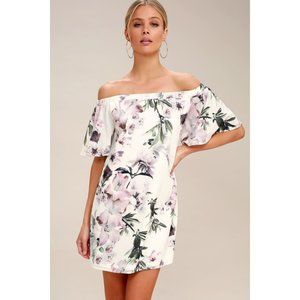 NWT Lulus Dream of You Ivory Floral Print Off-the-Shoulder Shift Dress S Chiffon